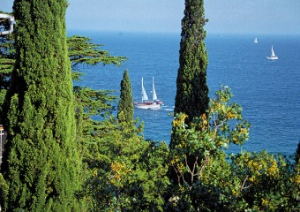 Crimea beautiful sea view, yachts cypresses